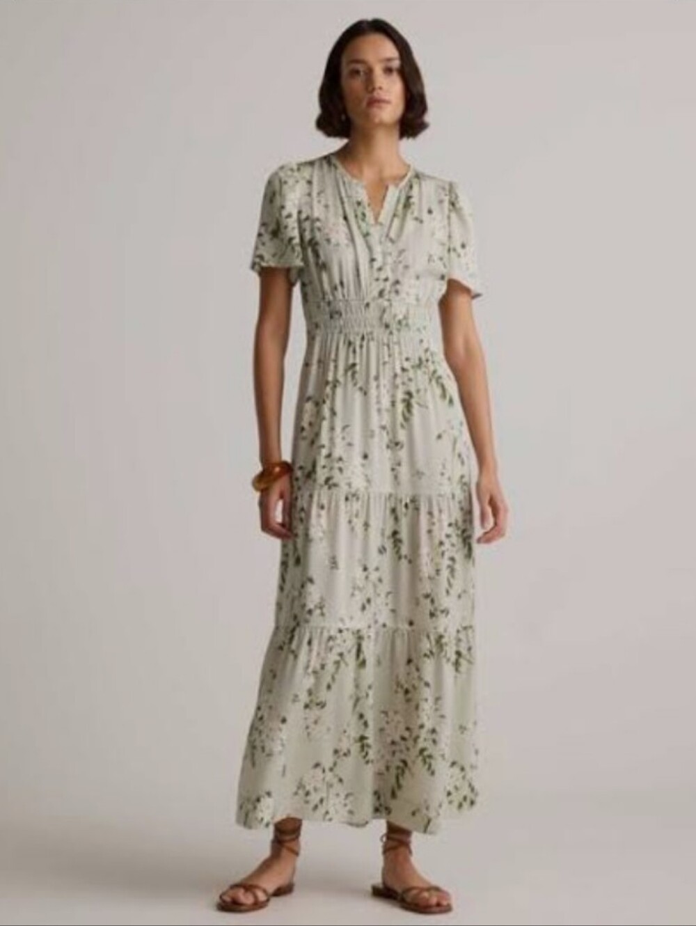 NEW Quince Washable Stretch Silk Floral Green Maxi Dress Tiered Large